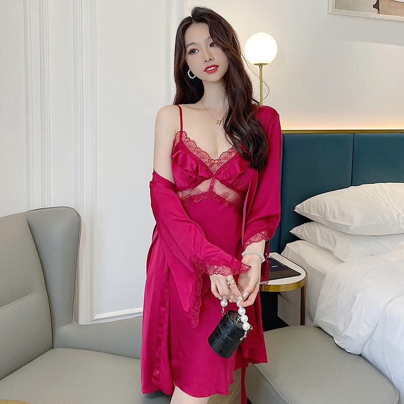 Women's Sleepwear Burgundy Sexy V-Neck Robe Gown Sets Ladies Sweet Lace Tempt Hollow Out Nightgown Satin Home Dress Spring Autumn Pyjama, Black
Women's Sleepwear Burgundy Sexy V-Neck Robe Gown Sets Ladies Sweet Lace Tempt Hollow Out Nightgown Satin Home Dress Spring Autumn Pyjama, Black