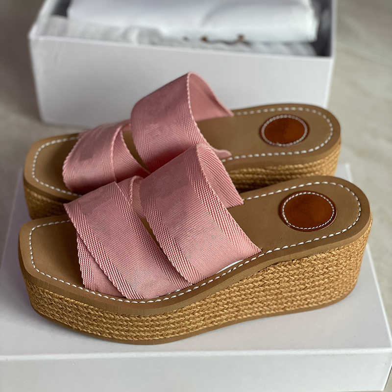 

Slippers High Heels Beach Slipper Canvas Women Platform Cross Strap Letter Summer 2021 Woody Wedge Mule In With Box 312, Color 6