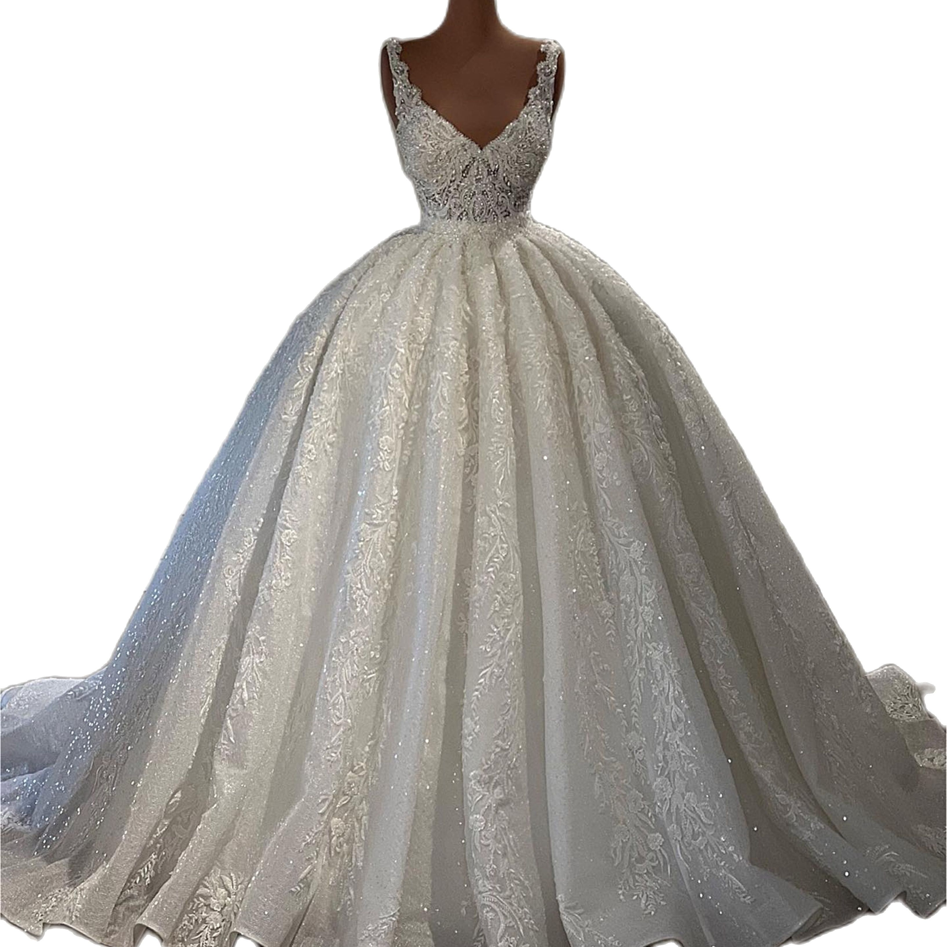 Haute Couture Lace Wedding Dress Sparkly Crystal V Neck Short Sleeve Bridal Ball Gowns 3D Appliques Custom Made Robes