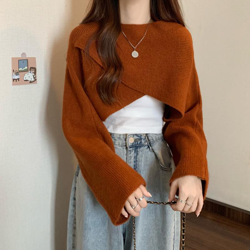 Womens Sweaters Autumn Winter Women Slash Neck Sweater Pullover Crop Top Female Loose Casual Crossed Shirts Femme Knit Jumpers 221115