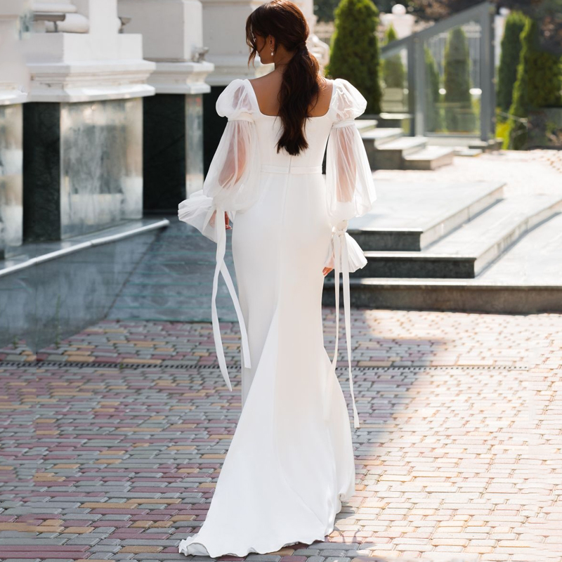 Elegant Satin Mermaid Wedding Dress Long Puff Sleeve Sexy Beach Square Collar Bridal Gowns Custom Made Summer Vestidos de Novia