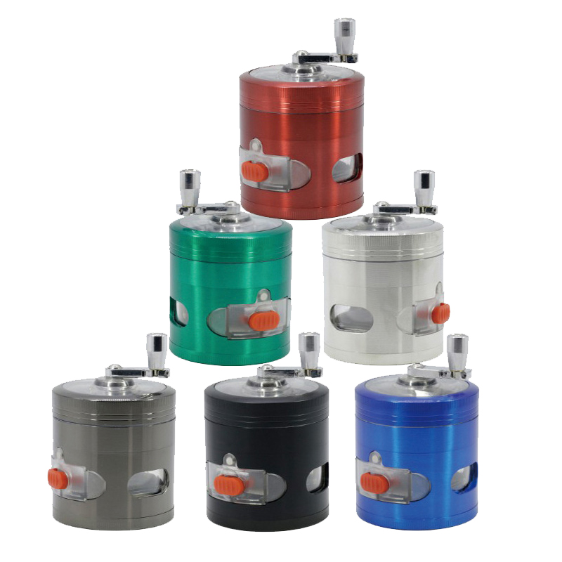 1pcs Retail Smoking Herb Tobacco Grinders 63mm With Spinning Handle 4 Piece Metal Shredder Hand Grinder Open Window On Bottom