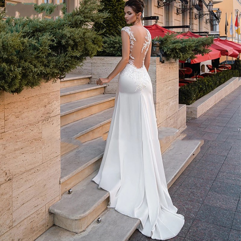Boho Lace Illusion Back Wdding Dress 2023 Satin Side Split Beach Bride Party Gowns for Women Sexy Vestido De Novia Custom Made
