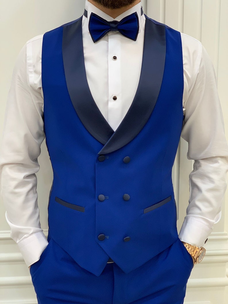 Three Pieces Royal Blue Man Wedding Tuxedos 2025 Black Shawl Lapel Waistcoat Satin Slim Men Formal Party Suits Handsome Elegant Groom Suits Coat Pant 
