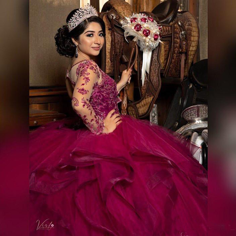 Princess Quinceanera Dresses Fuchsia Organza Ruffles Tiers Skirt Long Sleeves Scoop Neck Beading Lace Appliques Floor Length Sweet 16 Girls Banquet Pa