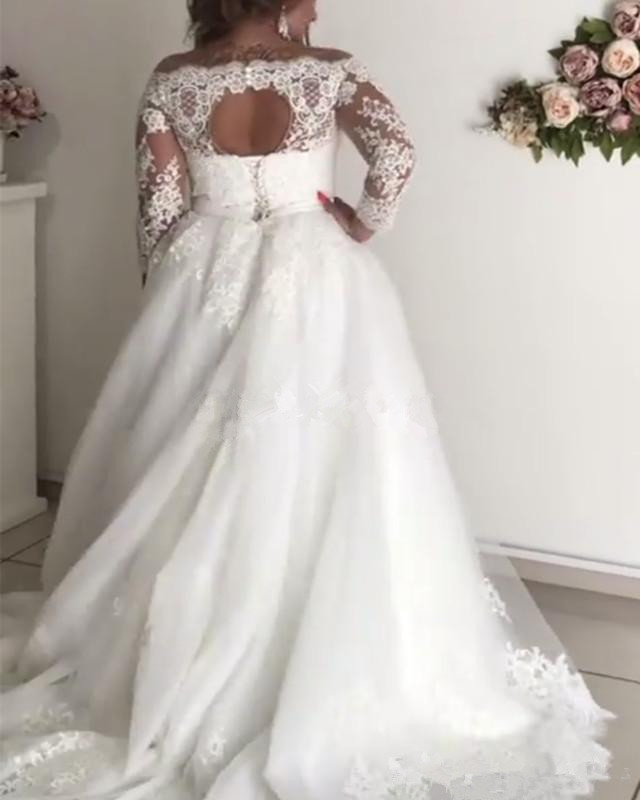 Plus Size Wedding Dresses Sheer Neck Long Sleeve Appliques Illusion Sash Hollow Back Garden Country Bridal Gowns robe de mariee