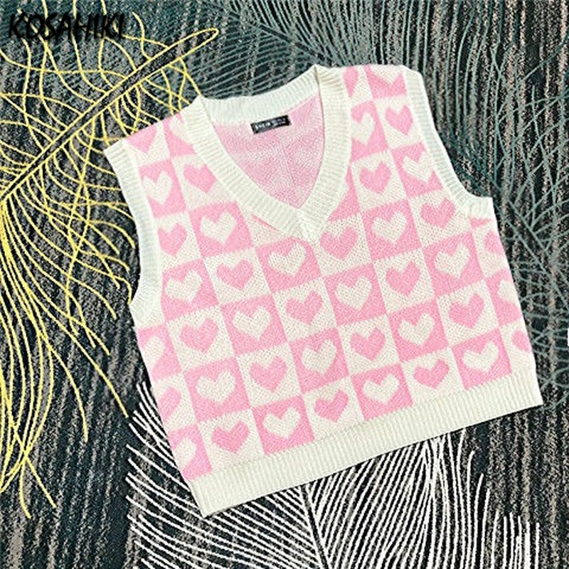 Women's Vests KOSAHIKI Classic Heart Plaid Knitted Sweater Vest Women 9 Colors Crop Loose Waistcoat Y2k Harajuku Autumn Hip Hop Knitwear Tops 221