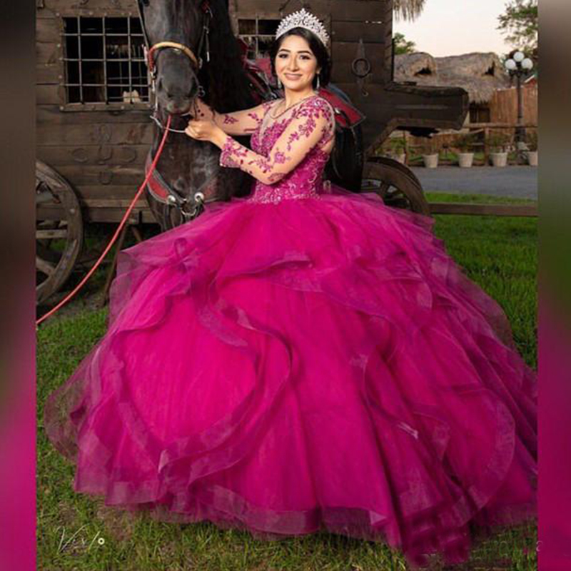 Princess Quinceanera Dresses Fuchsia Organza Ruffles Tiers Skirt Long Sleeves Scoop Neck Beading Lace Appliques Floor Length Sweet 16 Girls Banquet Pa