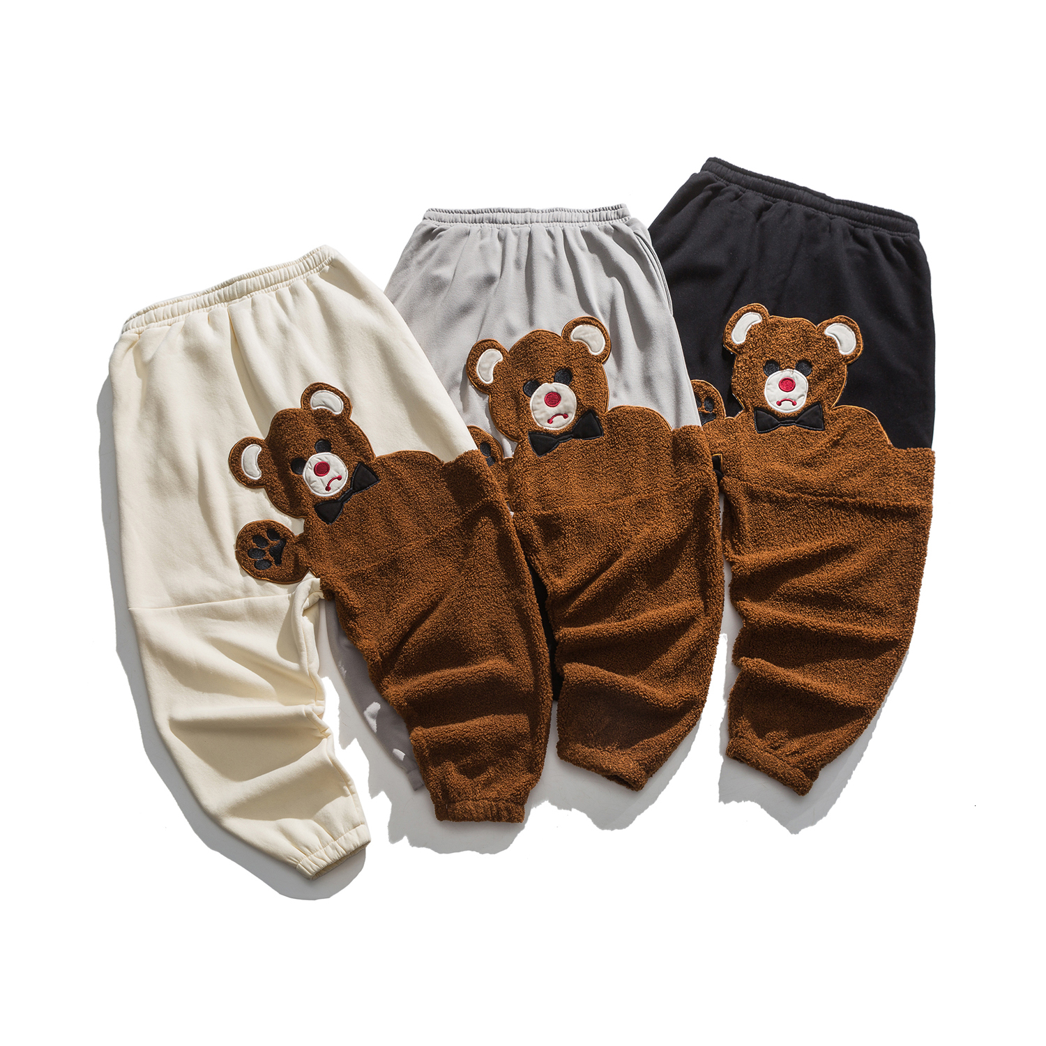 Men's Pants Fashion Bear Cartoon Pattern Fleece Casual Autumn Winter Loose Plus Size Hip Hop Jogging Streetwear Men Clothing 221116