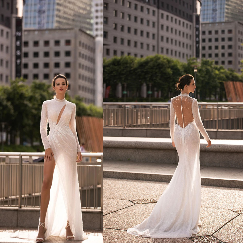 Elegant Mermaid Wedding Dresses High Collar Long Sleeves Transparent Lace Back Zipper Split Side Applicant Court Gown Custom Made Plus Size Vestidos D