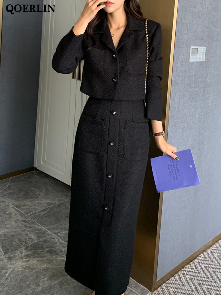 Two Piece Dress QOERLIN Elegant Tweed TwoPiece Skirts and Blazer Suits Stylilsh Long Sleeve Short Jacket Coat High Waist Back Zipper Midi Skirt 221115