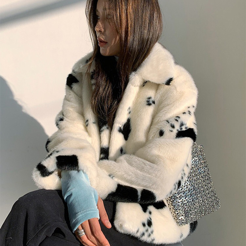 Women's Fur Faux Lucyever Black White Cow Pattern Mink Coat Womens Elegant Winter Short Turn-down Collar Coats Korean Soft Tops Woman 221116