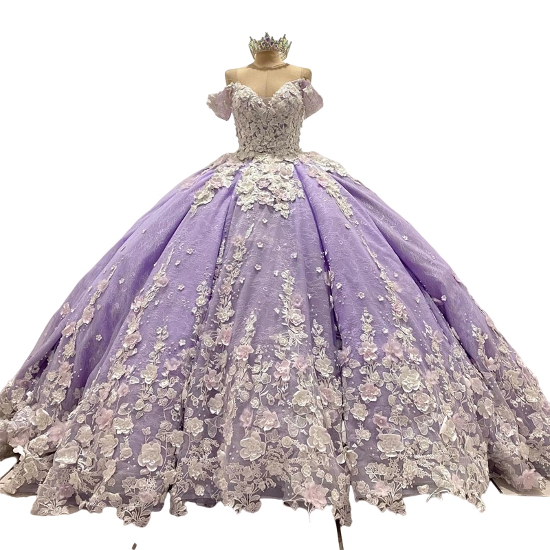 Lavender princess Quinceanera Dresses 3D Flowers Appliques Lace-up corset prom Sweet 16 Princess Dresse vestidos de 15 anos