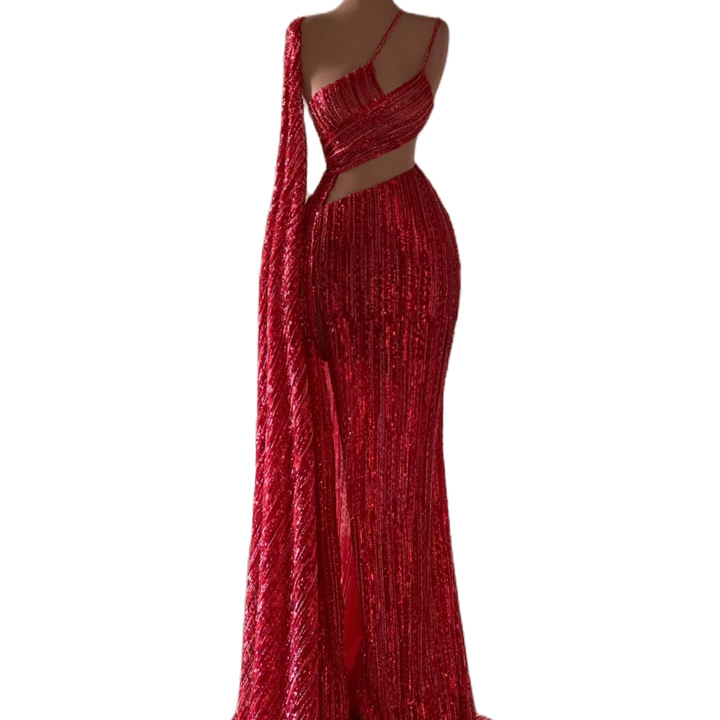 Shiny Sequins African Dubai Evening Dresses One Shoulder Lace Mermaid Prom Dress Sexy High Split Formal Party Gowns