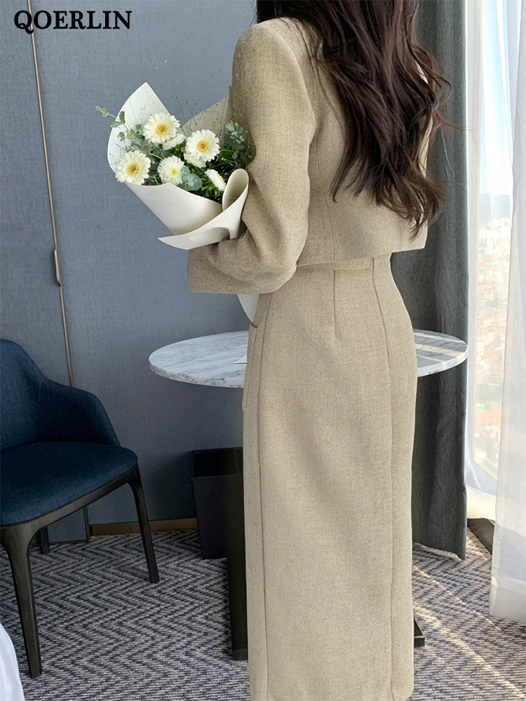 Two Piece Dress QOERLIN Elegant Tweed TwoPiece Skirts and Blazer Suits Stylilsh Long Sleeve Short Jacket Coat High Waist Back Zipper Midi Skirt 221115