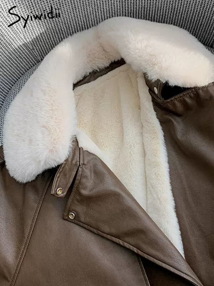 Women's Fur Faux Syiwidii Leather Coat Winter Jacket Women Fall Lamb Wool Warm Locomotive with Sashes Korean Fashion PU Outwear 221116