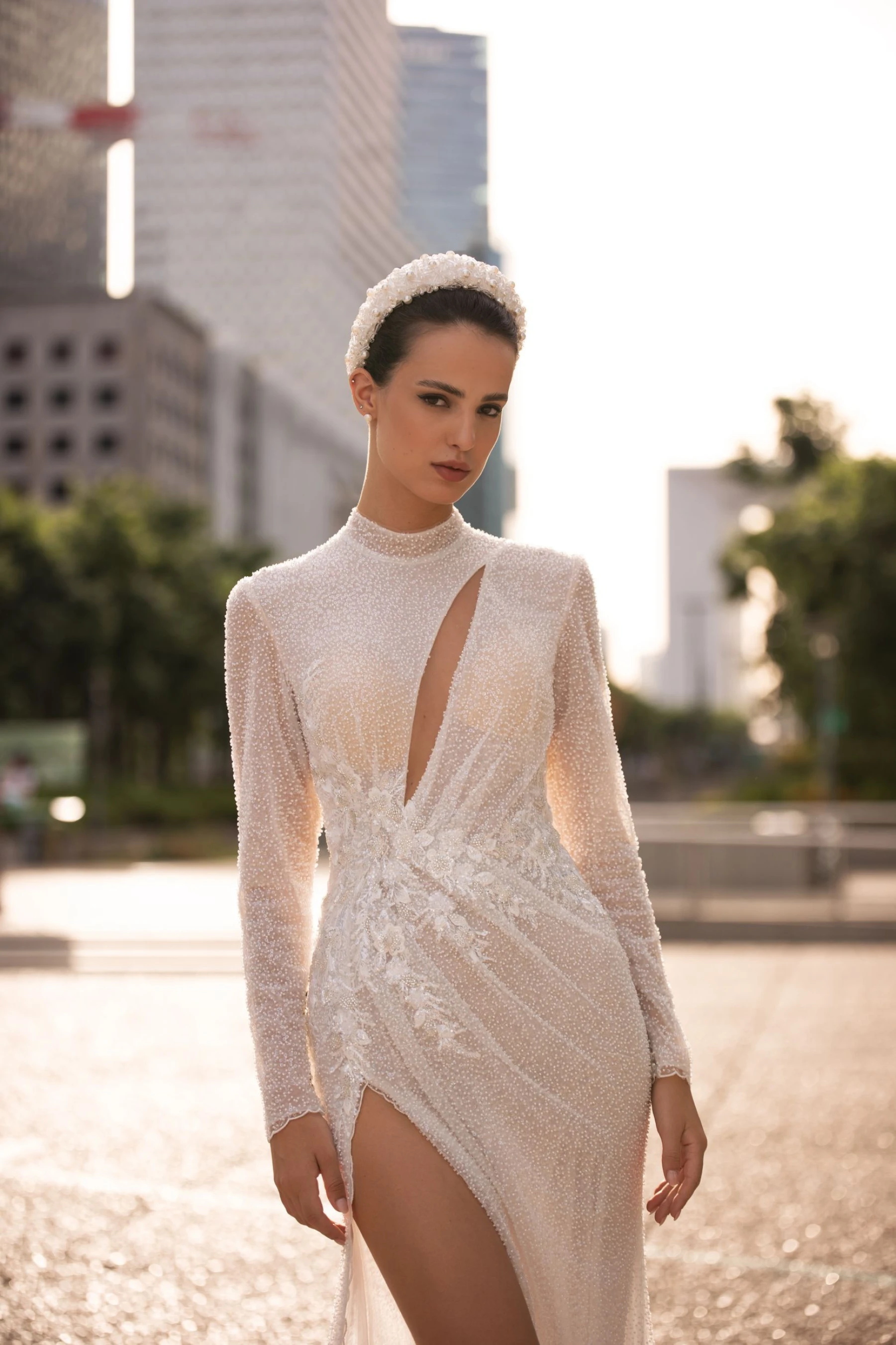 Elegant Mermaid Wedding Dresses High Collar Long Sleeves Transparent Lace Back Zipper Split Side Applicant Court Gown Custom Made Plus Size Vestidos D