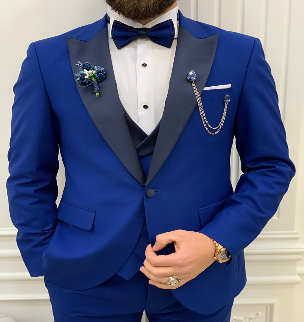 Three Pieces Royal Blue Man Wedding Tuxedos 2025 Black Shawl Lapel Waistcoat Satin Slim Men Formal Party Suits Handsome Elegant Groom Suits Coat Pant 