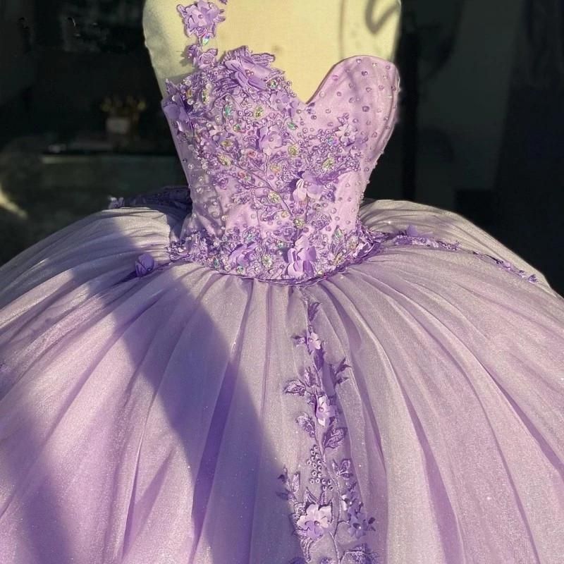 Lavender Quinceanera 2023 Dresses Lace Applique Beaded Corset Back One Shoulder Strap Handmade Flowers Custom Made Sweet 16 Princess Party Ball Gown V