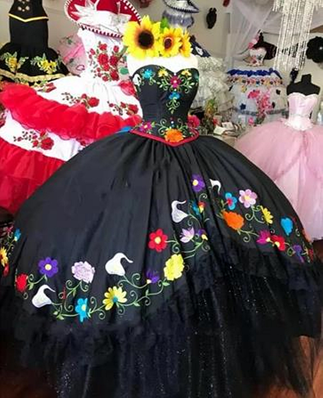 Mexico Quinceanera Dresses Colorful Floral Embroidery Traditional Prom Party Gowns Sweetheart Corset Sweet 15 Girls Banquet Dress Back Lace-Up