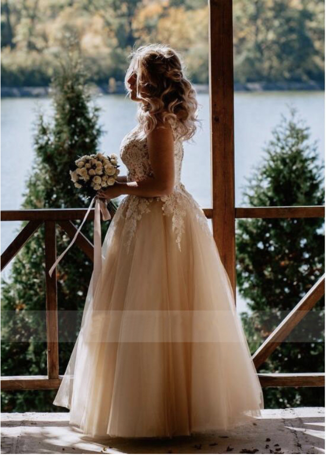 V-neck Lace Applique Cap Sleeve Long Elegant A-line Wedding Dress with Lace-up Pearls Champagne Bridal Dresses vestido de novia