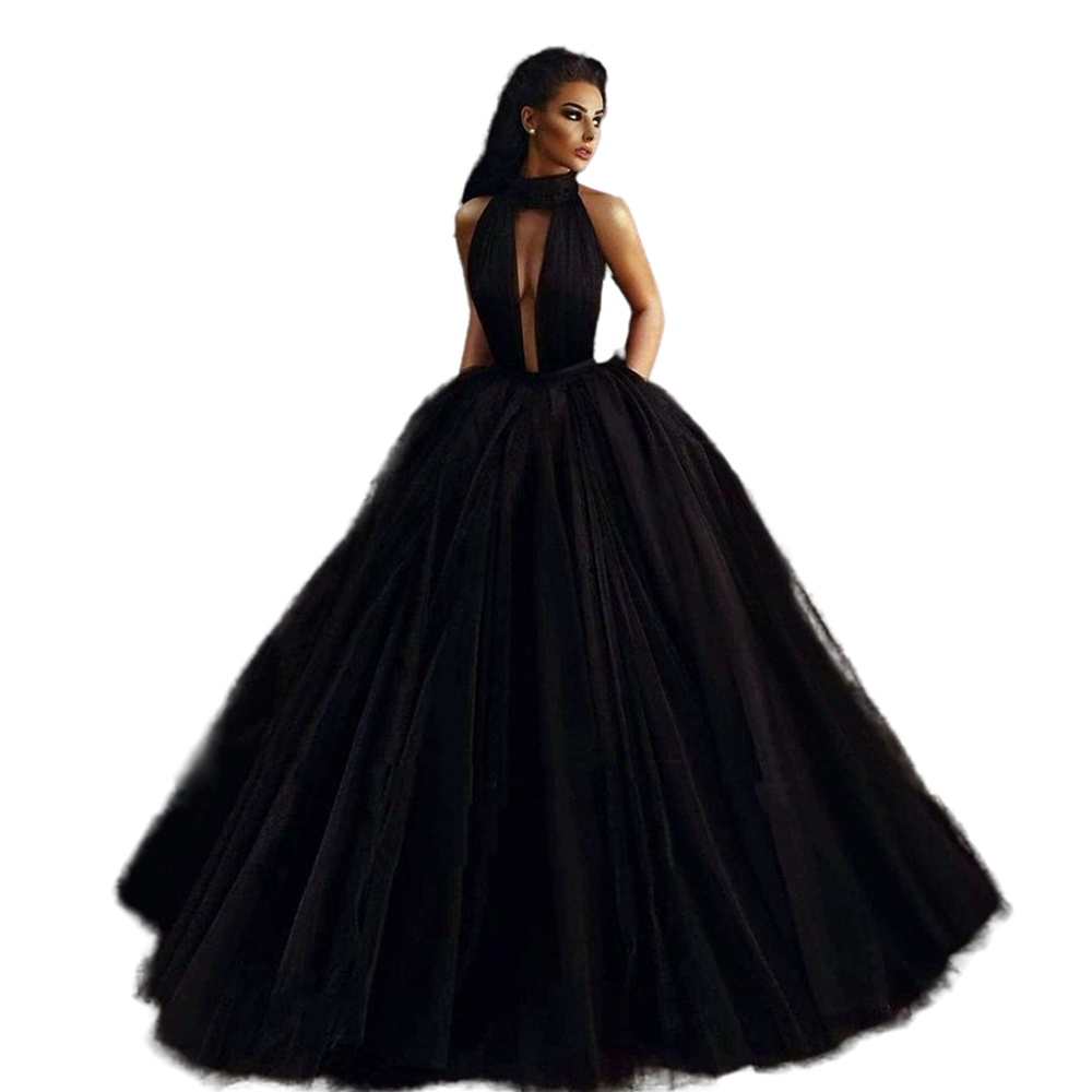 Black Gothic Wedding Dress A-Line Floor Length Tulle Bridal Gowns Sexy Plunging Neckline High Collor Charming Vintage Bride Reception Vestido