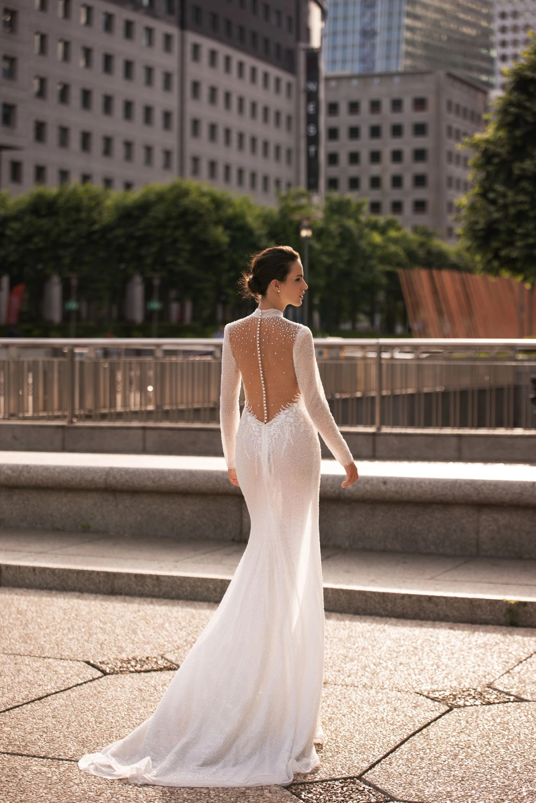 Elegant Mermaid Wedding Dresses High Collar Long Sleeves Transparent Lace Back Zipper Split Side Applicant Court Gown Custom Made Plus Size Vestidos D