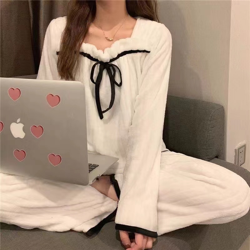 Womens Sleepwear Coral Fleece Pajamas Sets For Women Autumn Winter Thick Warm Sweet Cute Flannel Lounge Wear Homewear Nightie Female 221116