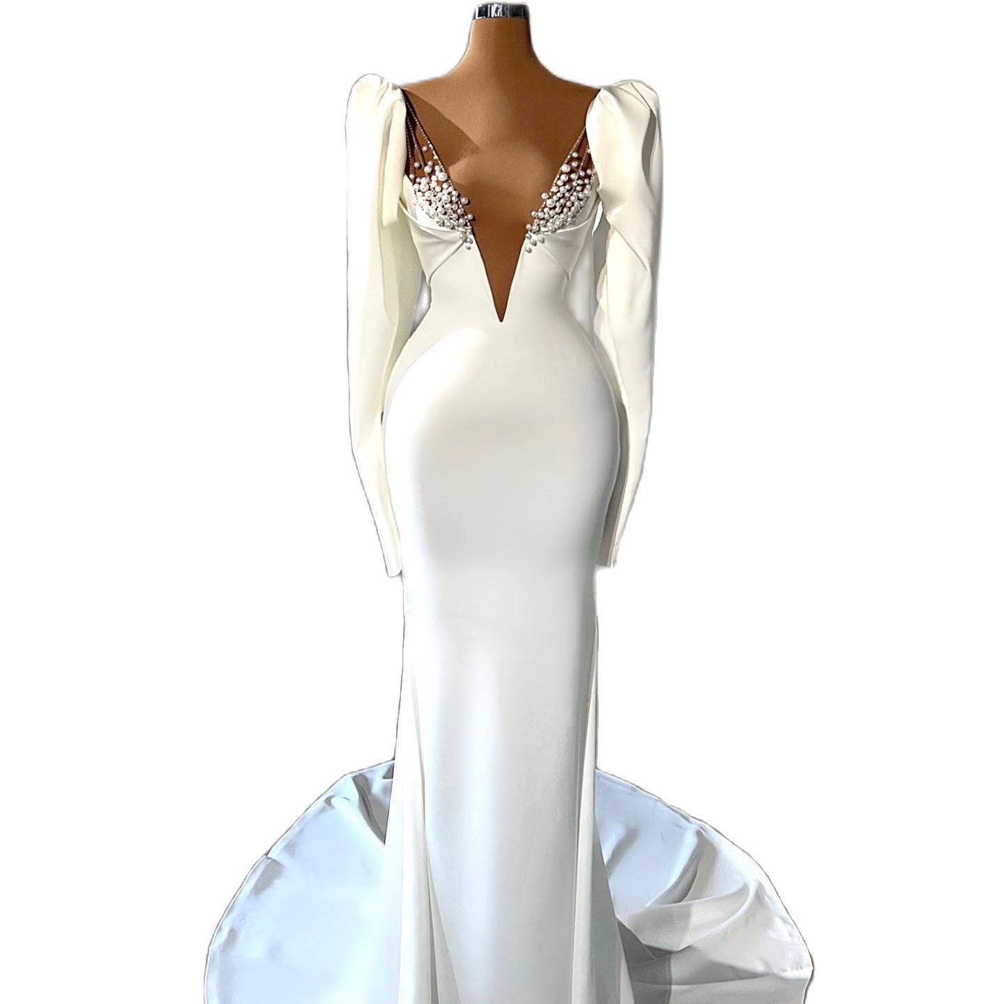 Sexy Deep V Neck Evening Dresses Mermaid Full Sleeve Sequins Pearls Prom Dress Vintage Floor Length robe de soiree