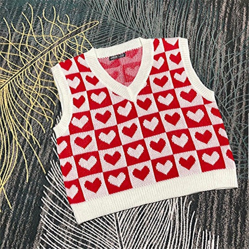 Women's Vests KOSAHIKI Classic Heart Plaid Knitted Sweater Vest Women 9 Colors Crop Loose Waistcoat Y2k Harajuku Autumn Hip Hop Knitwear Tops 221