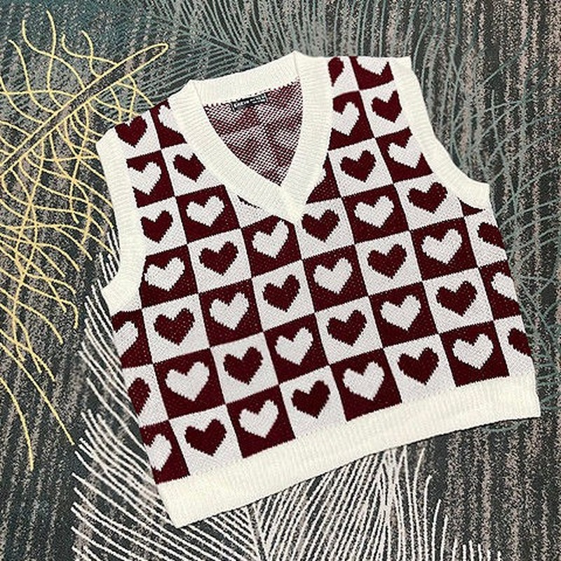 Women's Vests KOSAHIKI Classic Heart Plaid Knitted Sweater Vest Women 9 Colors Crop Loose Waistcoat Y2k Harajuku Autumn Hip Hop Knitwear Tops 221