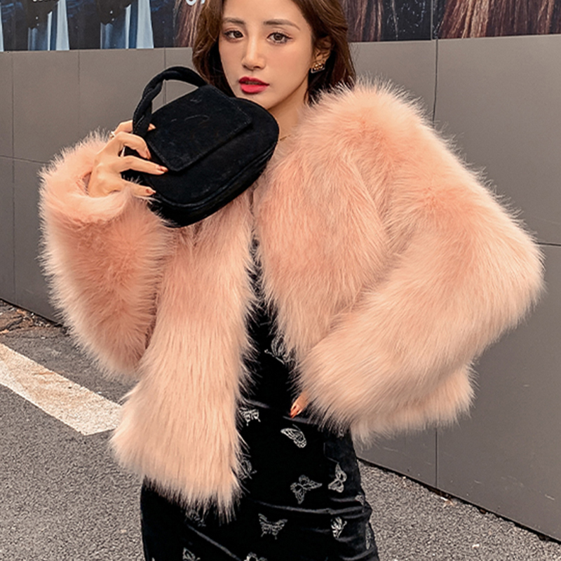 Women's Fur Faux Rimocy Fashion Jacket Women Winter Long Sleeve V Neck Fluffy Overcoat Woman High Quality Cropped Plush Coat Femme 221116