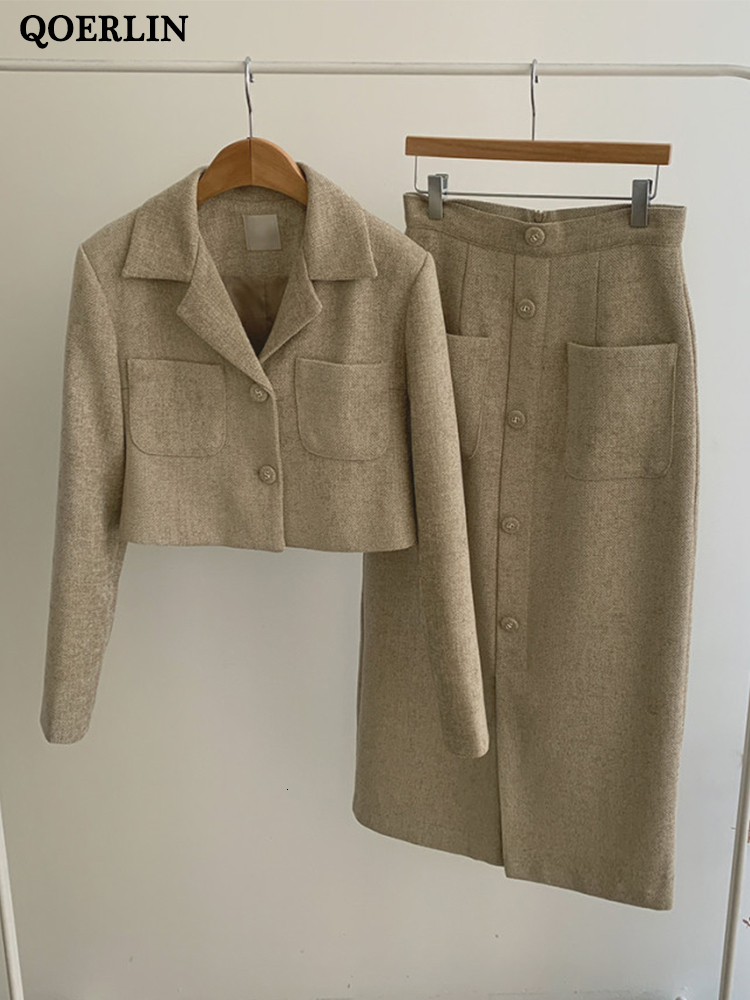 Two Piece Dress QOERLIN Elegant Tweed TwoPiece Skirts and Blazer Suits Stylilsh Long Sleeve Short Jacket Coat High Waist Back Zipper Midi Skirt 221115