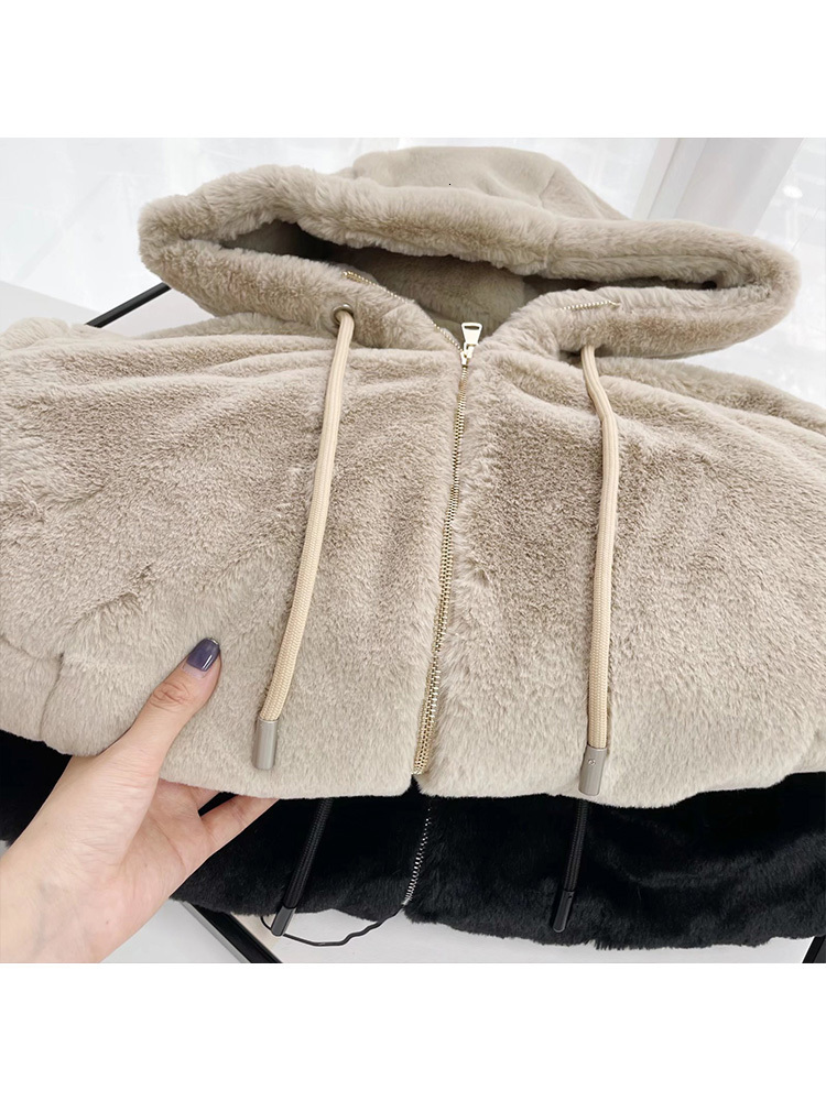 Women's Fur Faux Women Fashion Artificial Hooded Jacket Coat Vintage Long Sleeve Zipper Female Outerwear Chic Overshirt 221116
