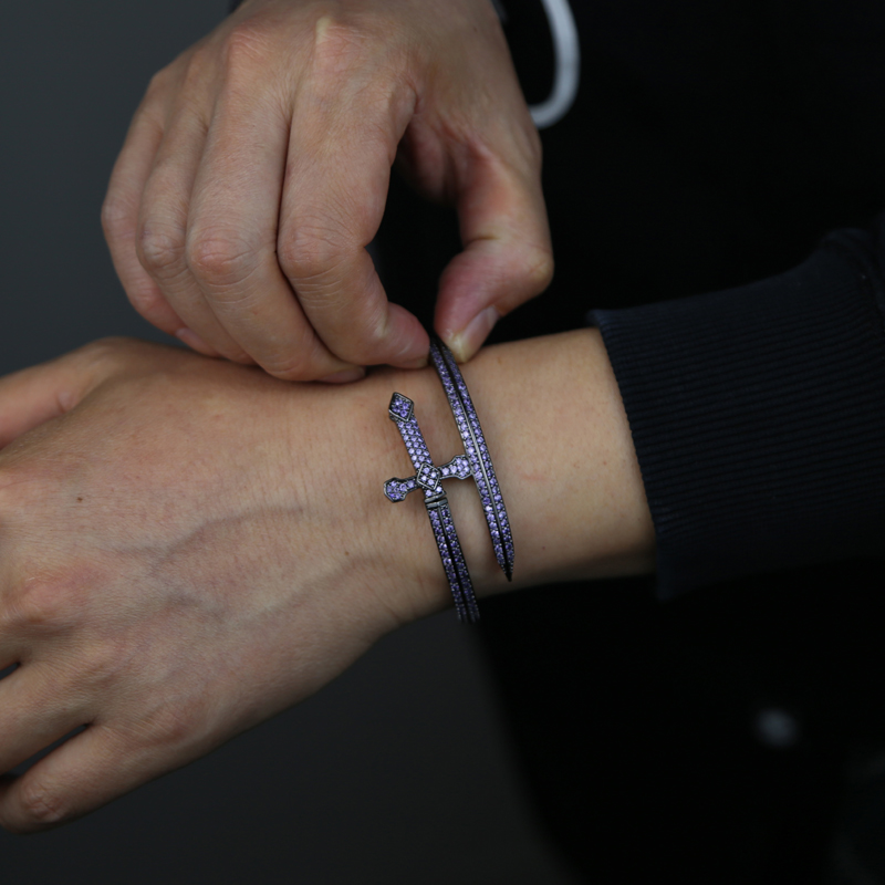 Men's Iced Out CZ Cross Bracelet: Black Zirconia Sword of Justice Bangle