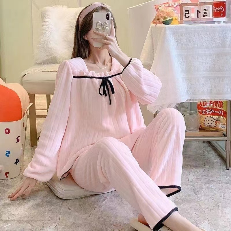 Womens Sleepwear Coral Fleece Pajamas Sets For Women Autumn Winter Thick Warm Sweet Cute Flannel Lounge Wear Homewear Nightie Female 221116