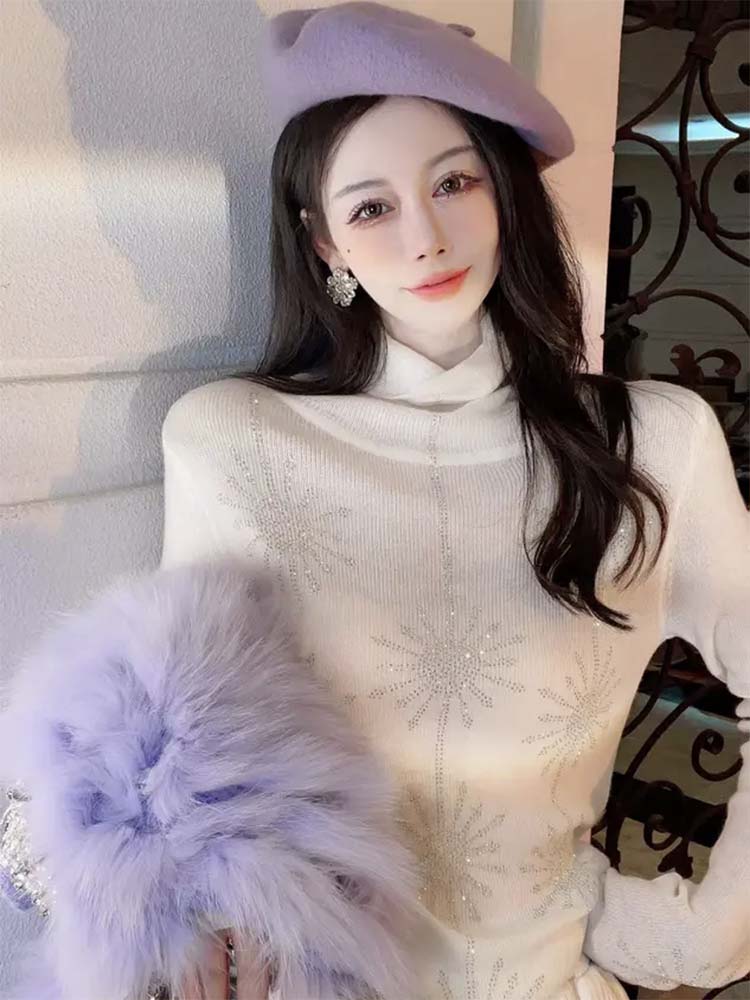 Womens turtleneck rhinestone shinny bling knitted sweater top jumpers