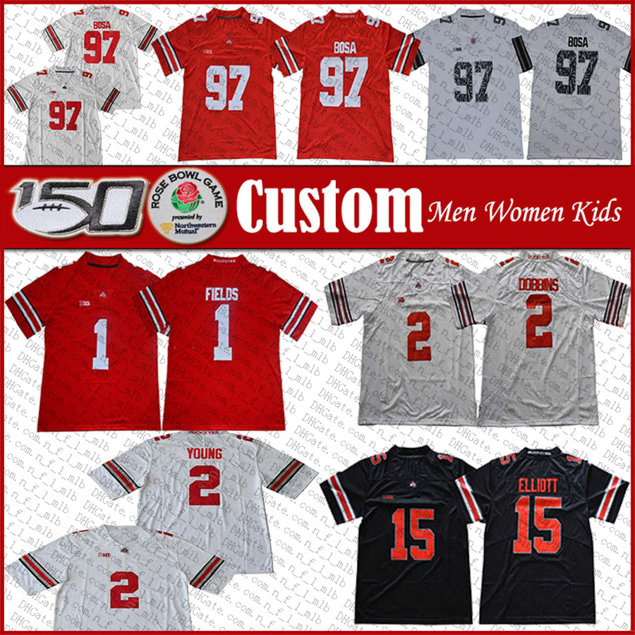 Custom Ohio State Buckeyes Football Jersey NCAA Justin Fields JK Dobbins Chase Young Nick Bosa Stroud Fleming Dwayne Archie Griffin Eddie George Elliott 150TH Patch, Shown