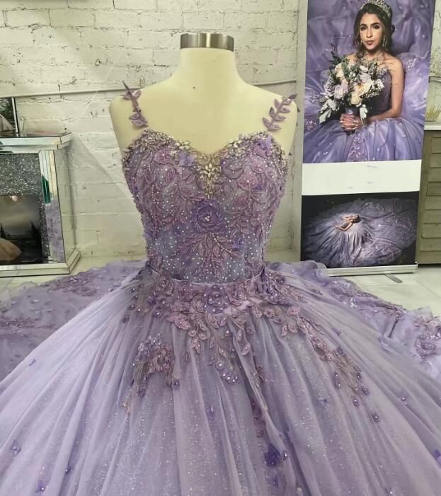 Lavender Quinceanera 2023 Dresses Lace Applique Beaded Corset Back One Shoulder Strap Handmade Flowers Custom Made Sweet 16 Princess Party Ball Gown V
