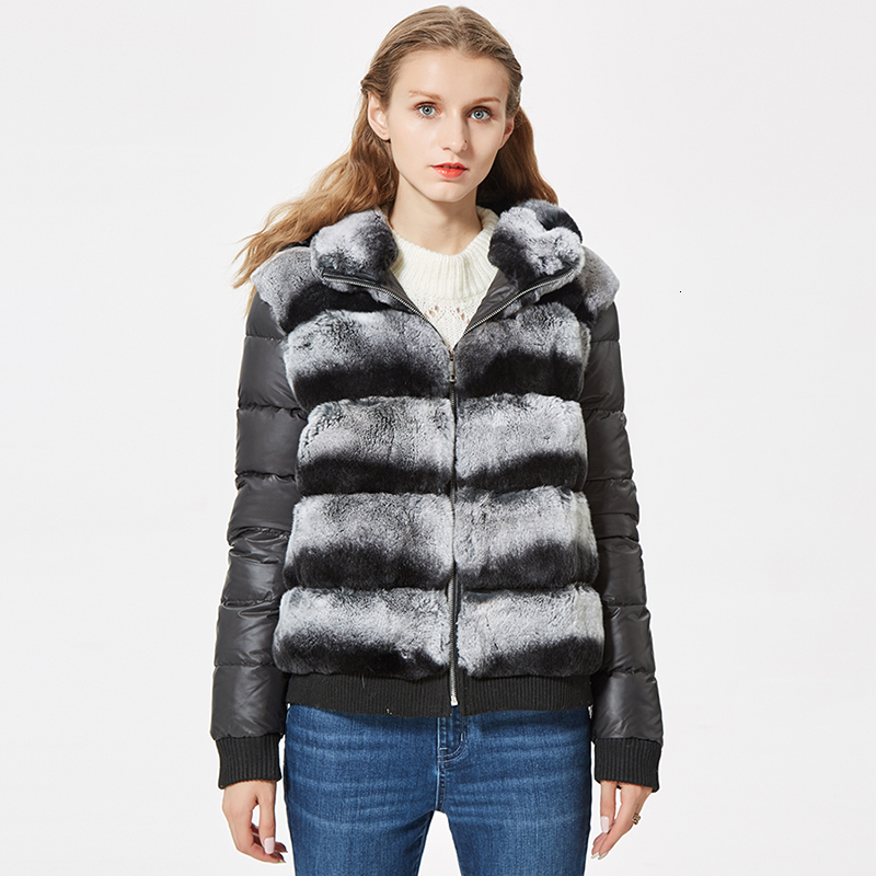 Women's Fur Faux Real Rex Rabbit Coat With Hood Down Jacket Sleeves Bomber Hooded Women 221116