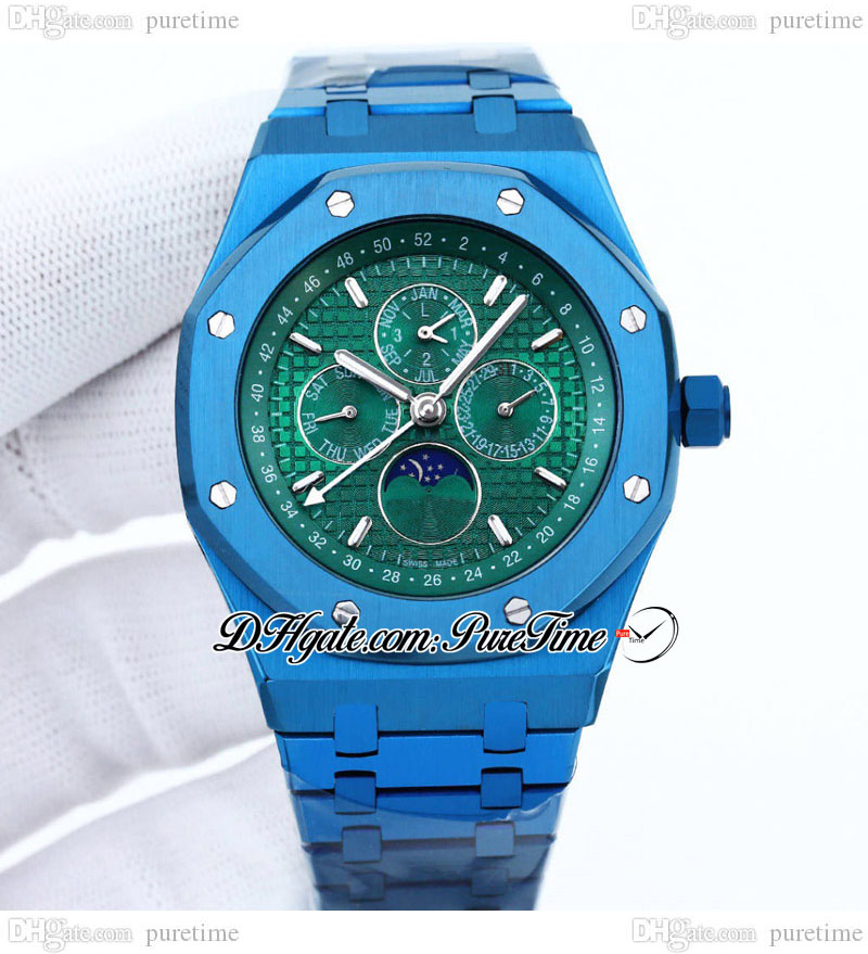 A2657 41mm Perpetual Calendar A21J Automatic Mens Watch Green Textured Dial Stick Markers Moon Phase Stainless Steel Bracelet Watches Puretime E249F6
A2657 41mm Perpetual Calendar A21J Automatic Mens Watch Green Textured Dial Stick Markers Moon Phase Stainless Steel Bracelet Watches Puretime E249F6