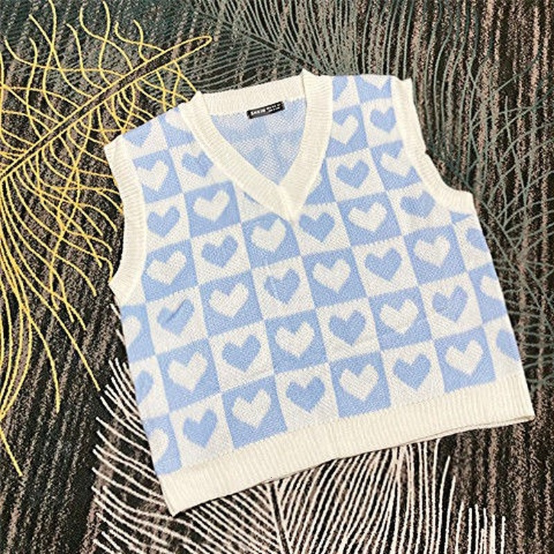 Women's Vests KOSAHIKI Classic Heart Plaid Knitted Sweater Vest Women 9 Colors Crop Loose Waistcoat Y2k Harajuku Autumn Hip Hop Knitwear Tops 221