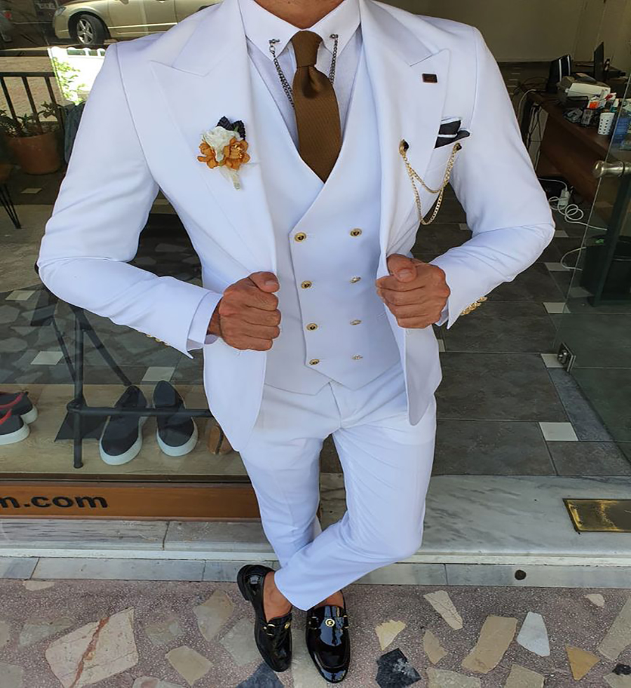 Elegant White Wedding Tuxedos For Men Three Pieces Satin Double Breasted Slim Groom Dinner Formal Party Wear Suits Pant Vest Coat Business Man Suit