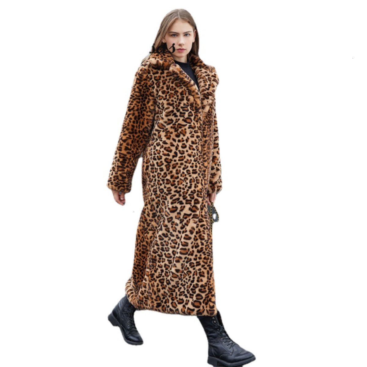 Women's Fur Faux Winter Leopard Print Rabbit Tailored Collar Warm Thick X-Long Coat Long Sleeve Hipster Jacket Feminino 221116