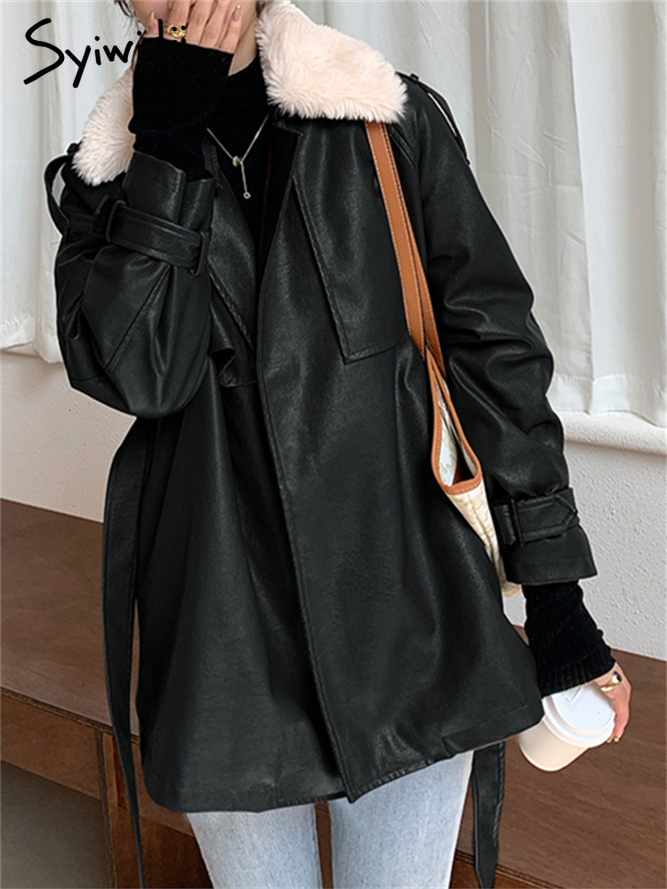 Women's Fur Faux Syiwidii Leather Coat Winter Jacket Women Fall Lamb Wool Warm Locomotive with Sashes Korean Fashion PU Outwear 221116