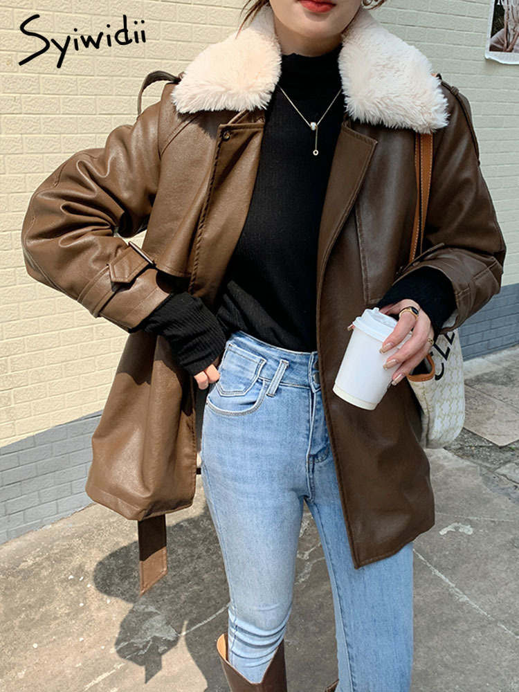 Women's Fur Faux Syiwidii Leather Coat Winter Jacket Women Fall Lamb Wool Warm Locomotive with Sashes Korean Fashion PU Outwear 221116