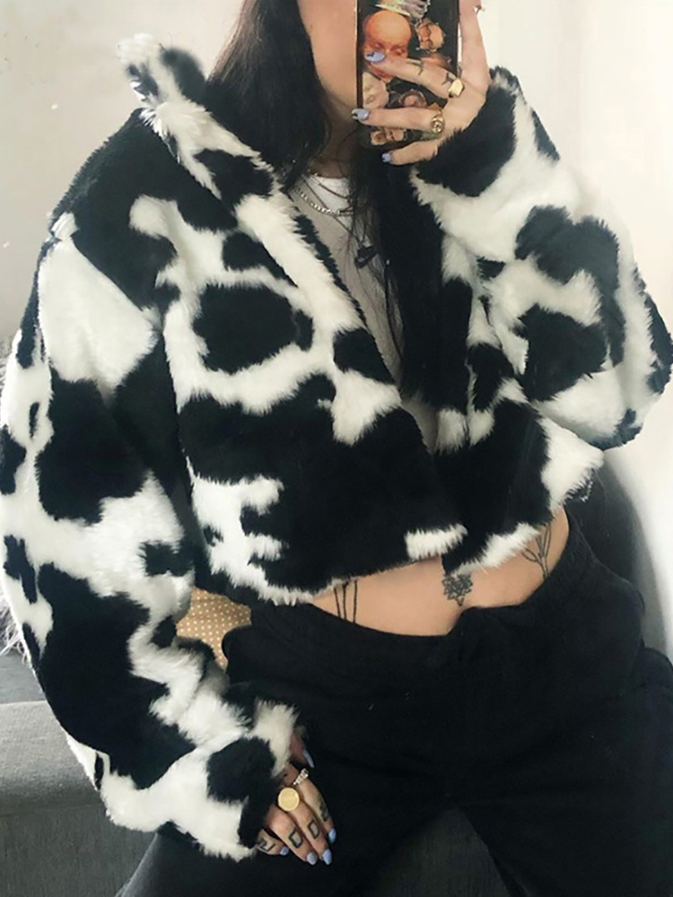 Women's Fur Faux Goth Dark Punk Style Gothic Crop Y2k Coats Fashion Color Block Long Sleeve Women Cardigan Jackets Warm Streetwear 221116
