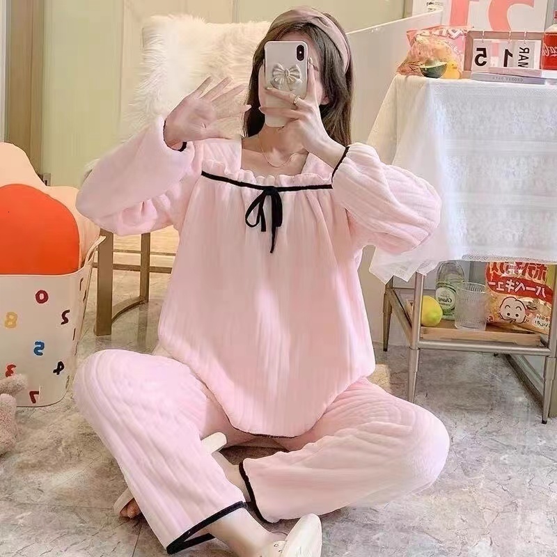 Womens Sleepwear Coral Fleece Pajamas Sets For Women Autumn Winter Thick Warm Sweet Cute Flannel Lounge Wear Homewear Nightie Female 221116