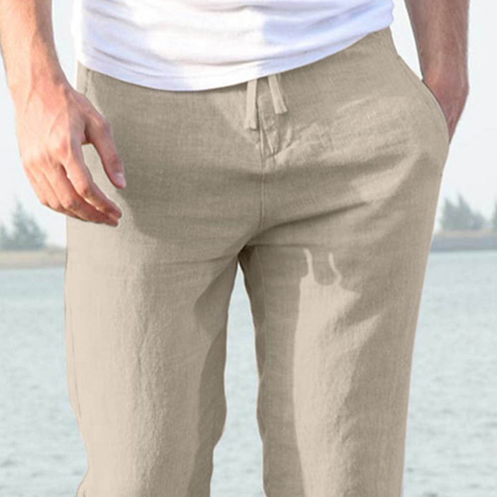 Men's Pants Top Quality Summer Casual Natural Cotton Linen Trousers White Elastic Waist Straight Pant 221116
