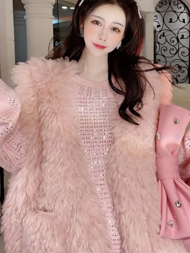 Womens o-neck luxury full rhinestone patched medium long loose sweater pullover tops